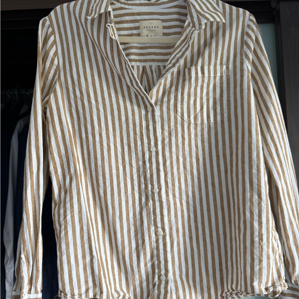 Sezane Tan and Cream Striped Top